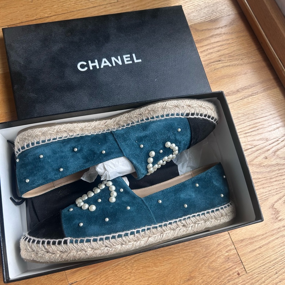 CHANEL Teal and Black Espadrilles with Pearl Accents
